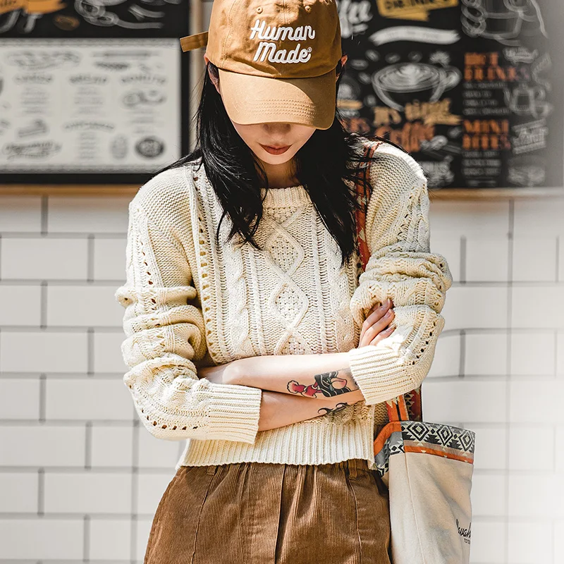 Crop Top Crochet - MADEN 女性用切り抜きデザインセーター 2024 年秋冬長袖短丈ニットウェア丸首万能ベージュプルオーバーセーター