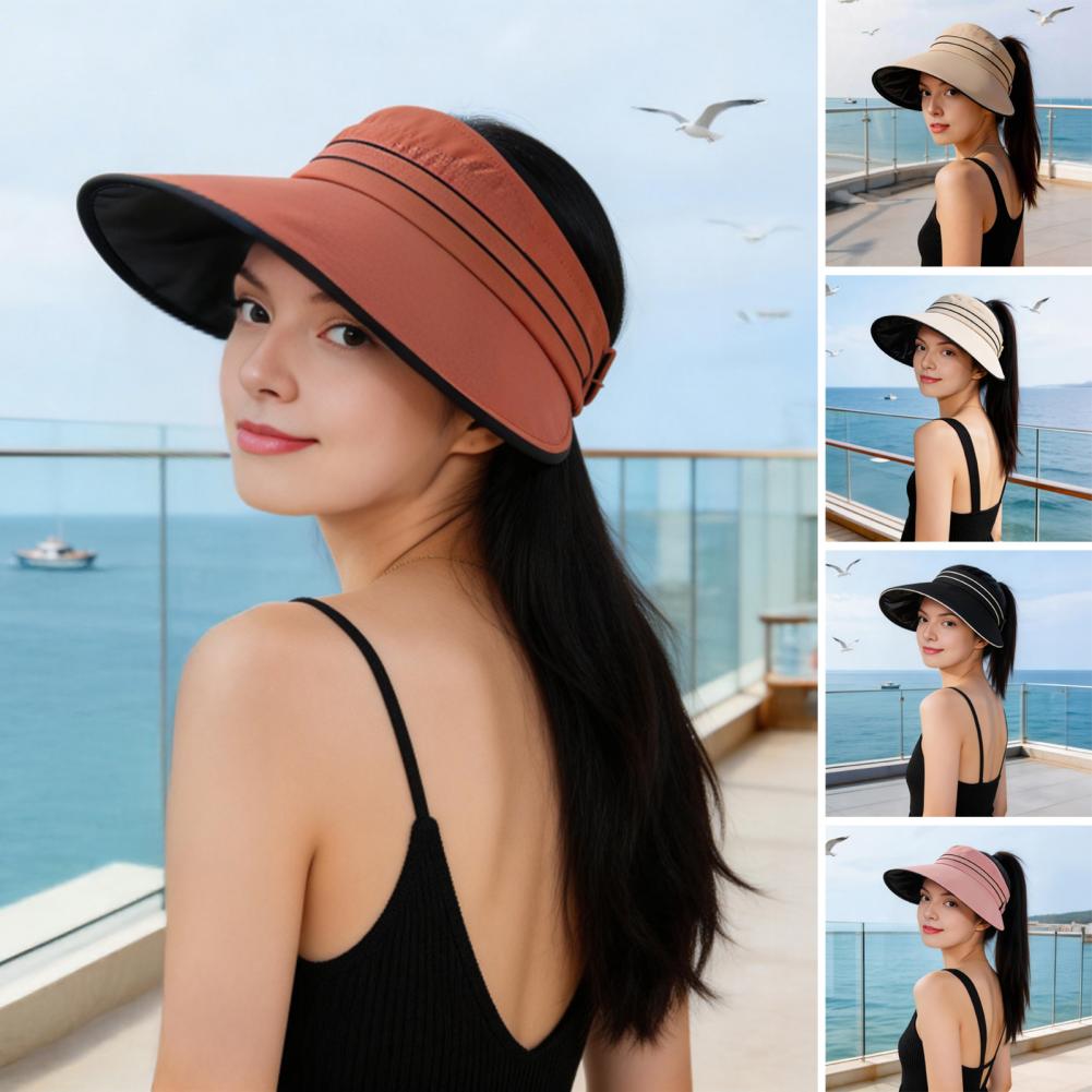 Hat Floppy Wide - 女性用サンハット ポニーテール穴付き つば広フロッピーハット UV保護帽子 夏のビーチでの休暇ハイキング用