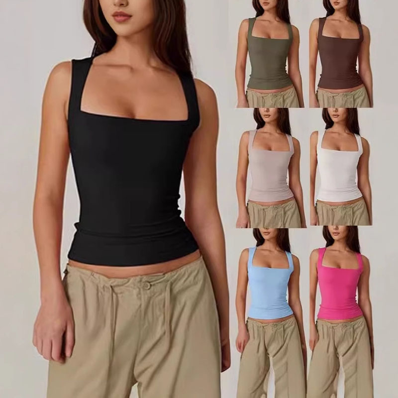 Crop Top Crochet - 夏の女性用スクエアネックノースリーブダブルレイヤータンクトップベーシックタイトTシャツY2kゴス風タンクトップ女性用クロップトップ