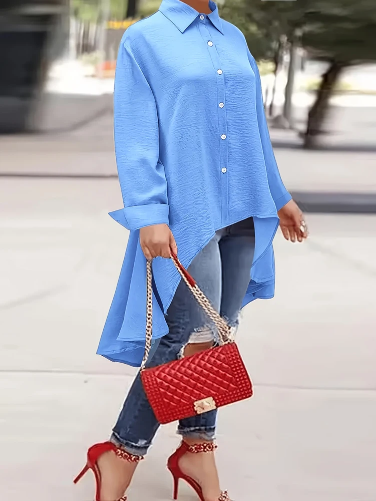 Blouse Off Shoulder - プラスサイズ 2025 春夏の新女性のソリッドカラーシングルブレストラペルトップス長袖ルーズカジュアルシャツ