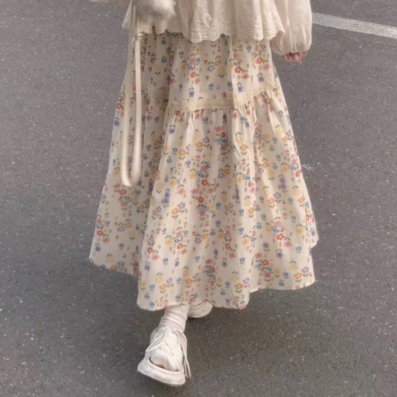 Midi Skirt Floral - 女性用フローラルプリントプリーツロングスカート,ヴィンテージ,ラインa,カジュアル,ストリートウェア,伸縮性,ハイウエスト,ミドル丈,韓国
