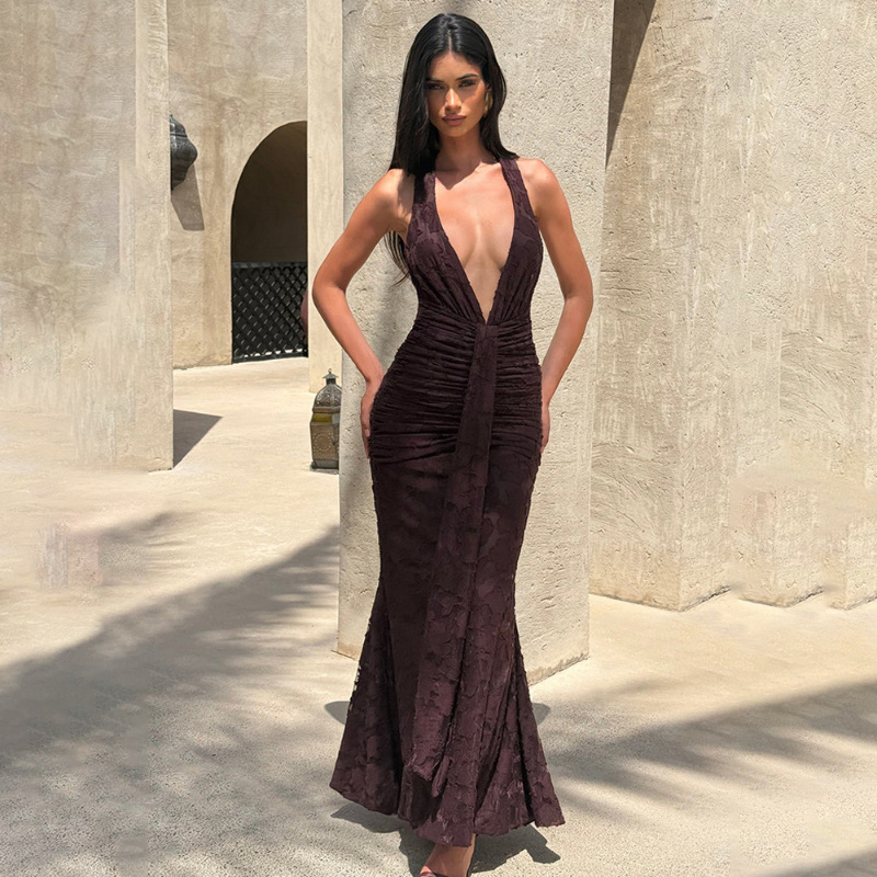 Linen Dress Wrap - セクシーなディープVバックレスラップアラウンドワンピース、ベルト付きプリーツフィッシュテールデザイン、ハイウエストコットンリネンブレンドスカート