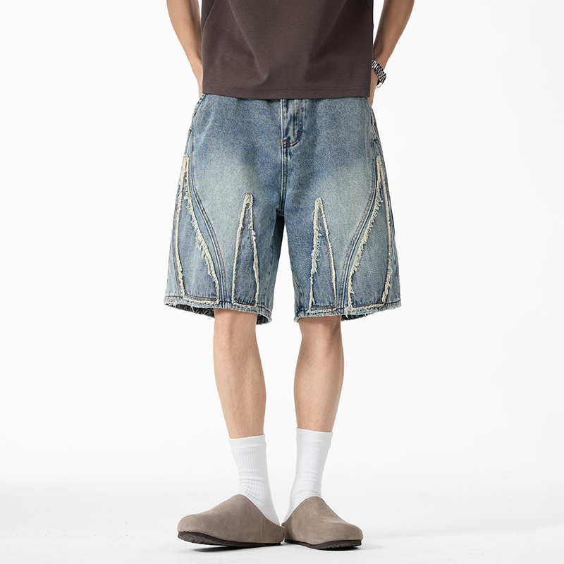 Shorts Denim Frayed - メンズ バギーデニム ジョーツ、生端のフリンジ加工とパッチワーク、ウォッシュドヴィンテージ バミューダショーツ、Y2K ストリートウェア 膝丈ショーツ