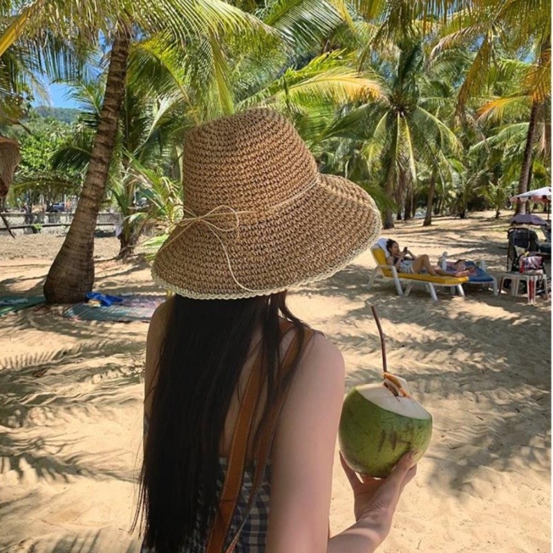 Hat Floppy Wide - 1pc レディースサマービーチストローハット、女性用、つば広バイザーバケットハット、手織りパナマ通気性フロッピーフィッシングサンハット