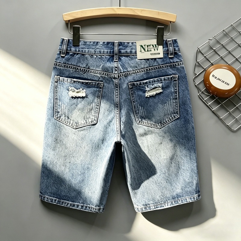 メンズ韓国風ダメージデニムショーツ、ライトウォッシュ加工、リ - Shorts Denim Frayed のレビューと価格