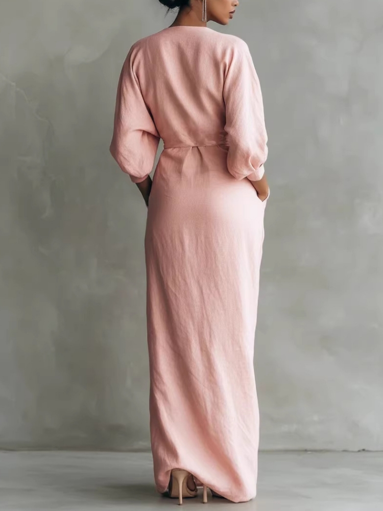 女性用リネン混紡ラップマキシドレス、Vネック、バットウィング - Linen Dress Wrap のレビューと価格