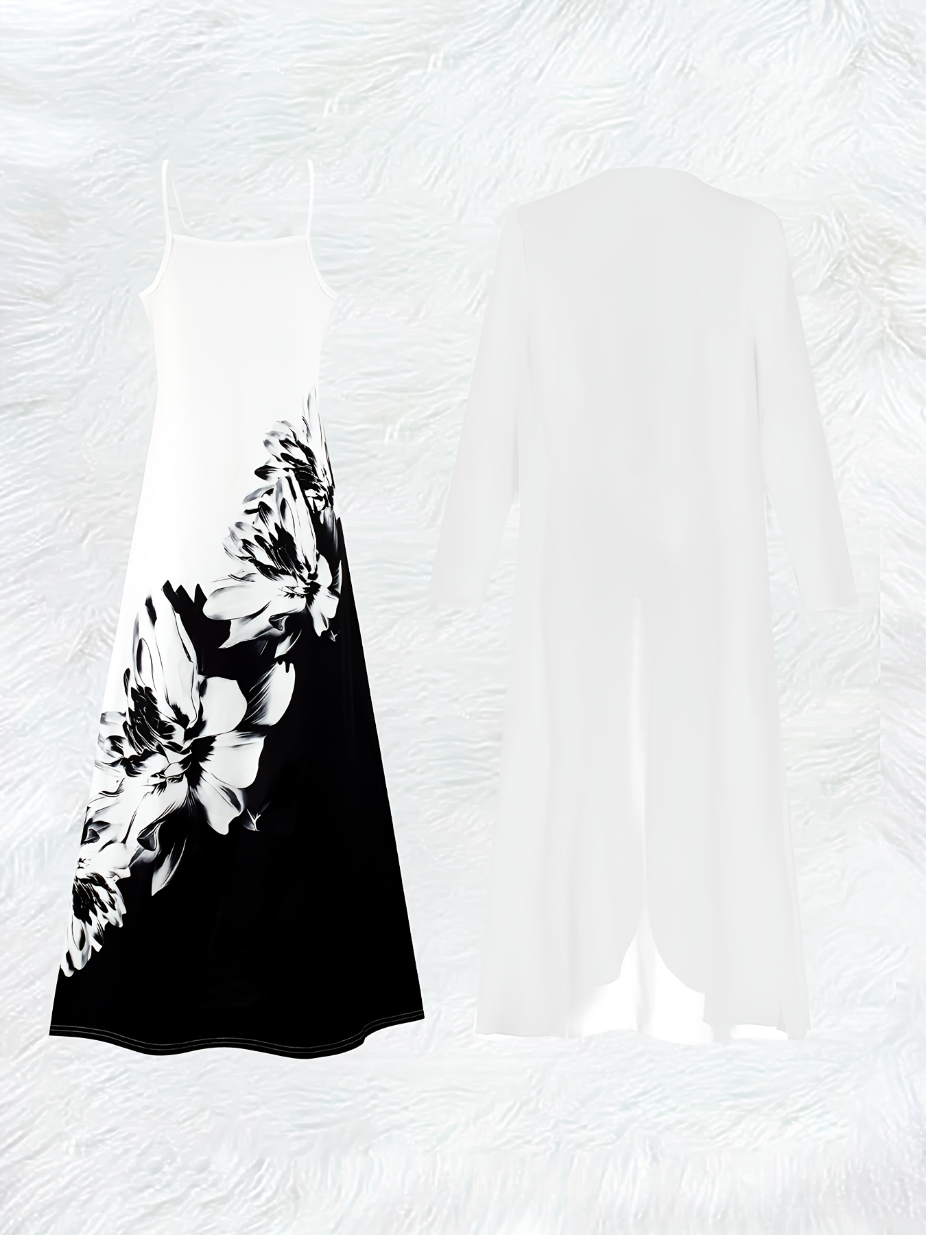 カジュアルな黒と白の花柄プリント長袖ドレスセット レディース - Midi Skirt Floral のレビューと価格