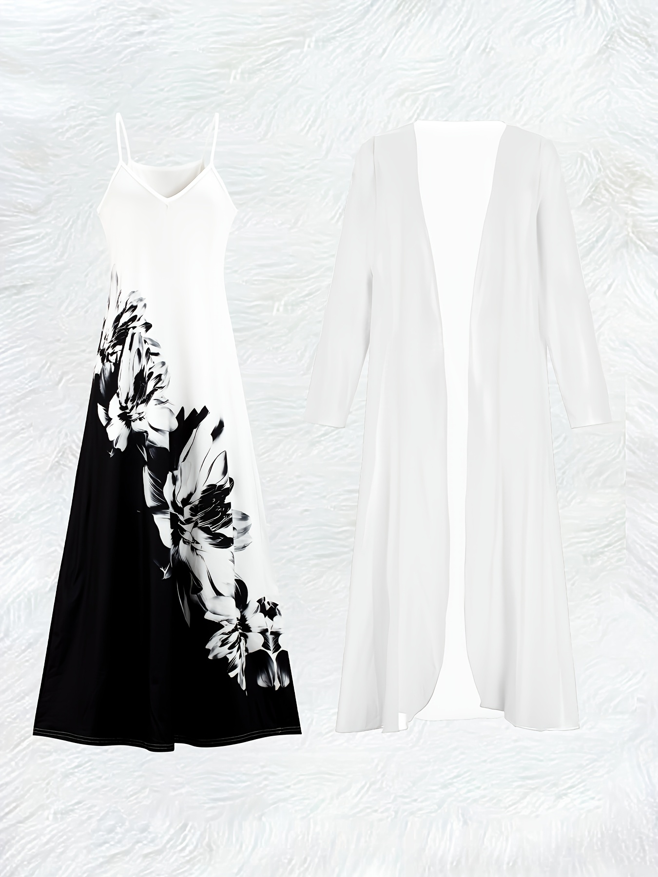 カジュアルな黒と白の花柄プリント長袖ドレスセット レディース - Midi Skirt Floral のレビューと価格