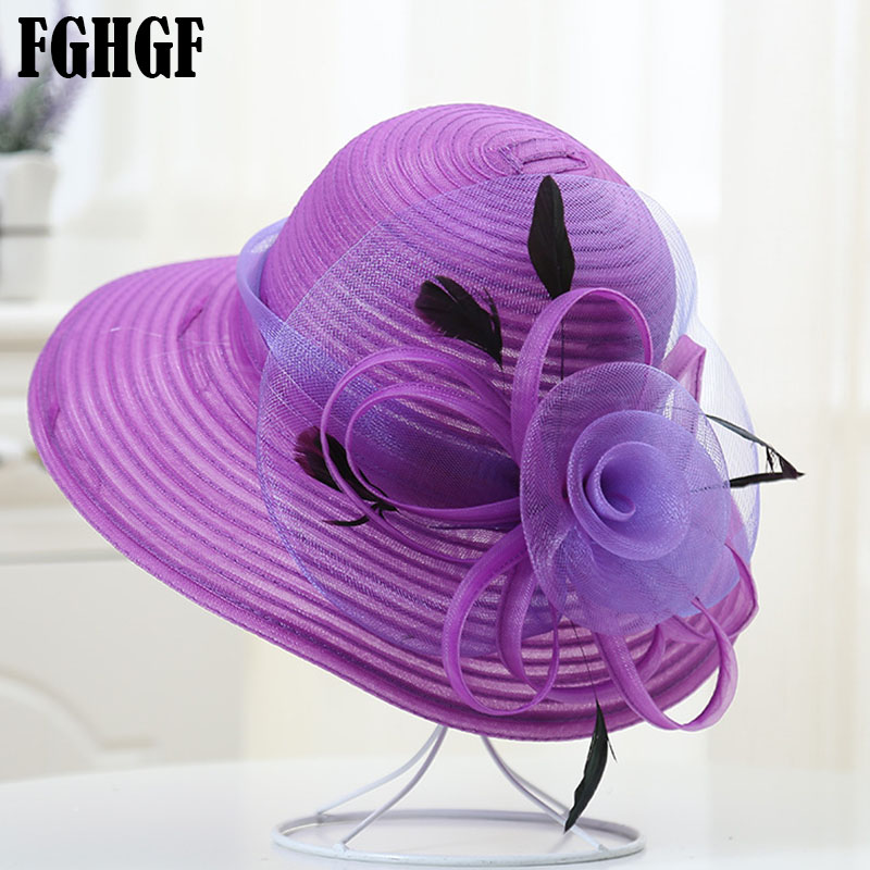 女性のための広い絹のような夏の帽子,大きなサテンの花,羽のあ - Hat Floppy Wide のレビューと価格