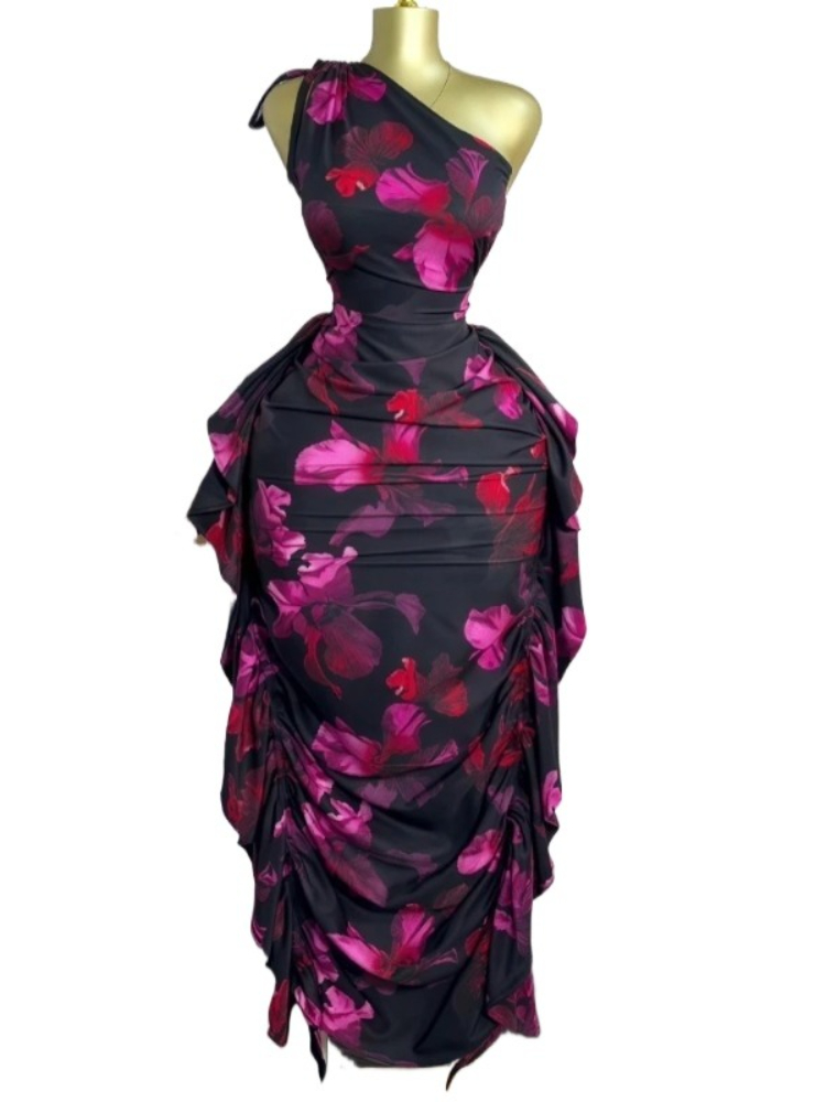 女性用花柄プリントワンショルダースリーブレススタックドシャー - Midi Skirt Floral のレビューと価格
