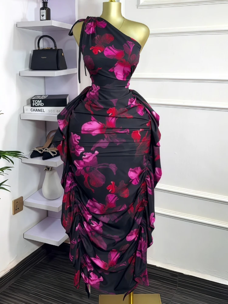 女性用花柄プリントワンショルダースリーブレススタックドシャー - Midi Skirt Floral のレビューと価格