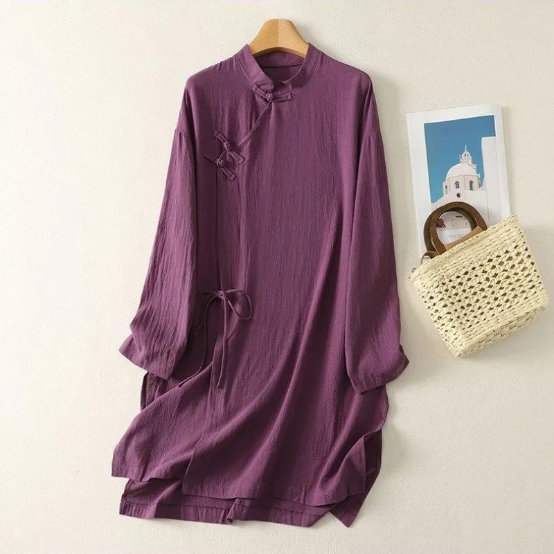 女性の中国風カエルボタンリネンチュニックドレススタンドカラー - Linen Dress Wrap のレビューと価格