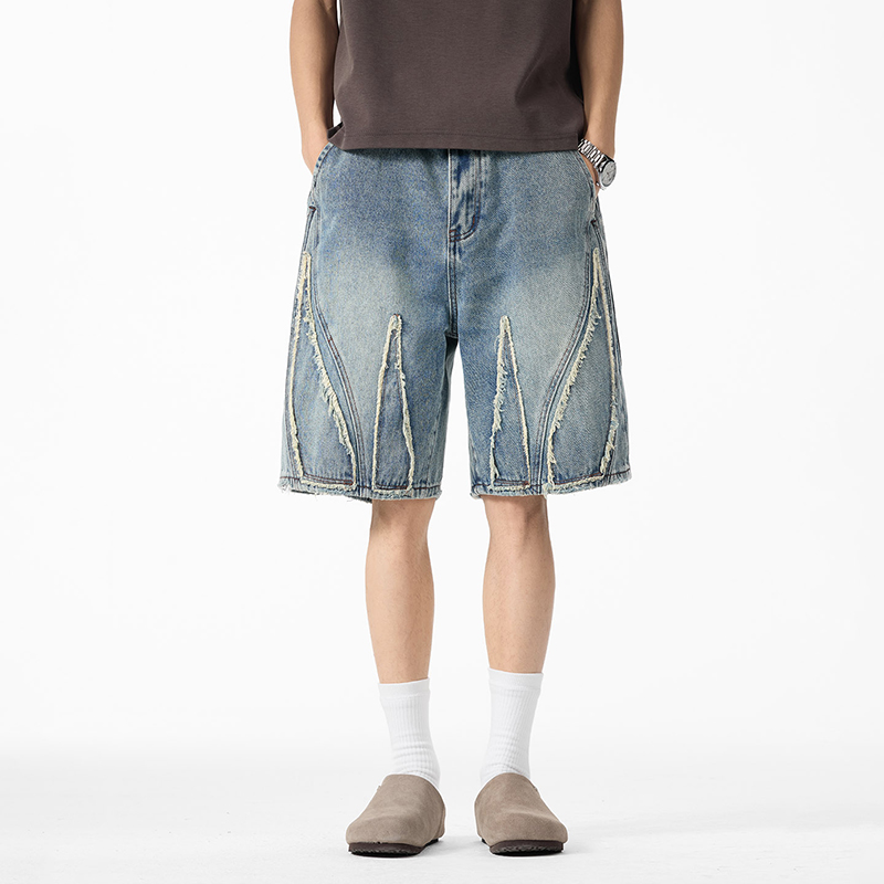 メンズ バギーデニム ジョーツ、生端のフリンジ加工とパッチワ - Shorts Denim Frayed のレビューと価格