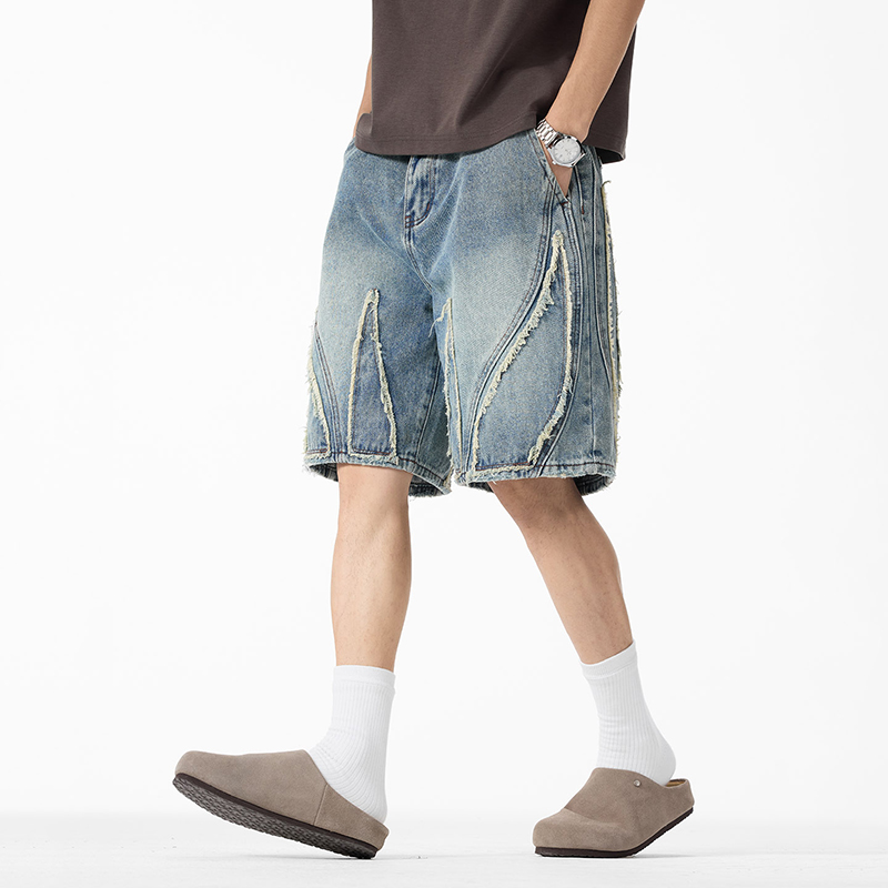 メンズ バギーデニム ジョーツ、生端のフリンジ加工とパッチワ - Shorts Denim Frayed のレビューと価格